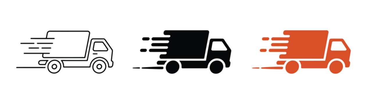Fast shipping delivery truck icon set, express courier transport, freight logistics, e commerce supply chain vector illustration.