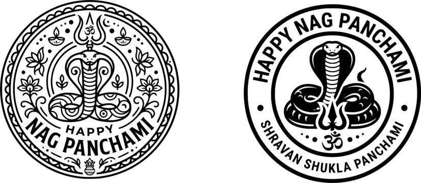 Happy Nag Panchami circular stamp emblem set featuring line art and solid black hooded cobra snake with Lord Shiva trishul Om symbol diya lamps and lotus flowers isolated on a white background.