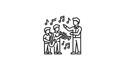 Professional Black and White Line Drawing of a Music Ensemble with Instruments and Sheet Music with high quality professional line art symbols for modern creative design and digital branding projects © pandu