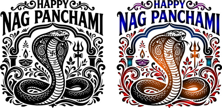 Happy Nag Panchami detailed emblem set featuring a swastika marked hooded cobra inside an ornate arch framed by a diya oil lamp trishul and floral flourishes in solid black and colorful gradient