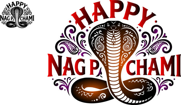 Happy Nag Panchami logo template set featuring a paisley patterned hooded cobra snake surrounded by ornamental flourishes with display typography in solid black and colorful gradient variations 