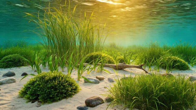 Underwater View of a Peaceful River Bed with Lush Green Grass and Smooth Stones under Sunbeams