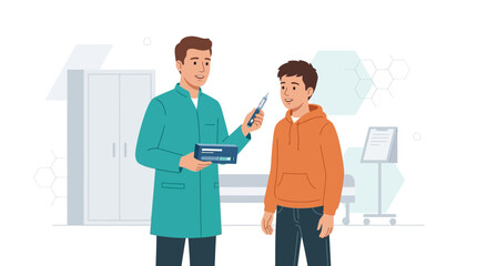 Obraz premium Pharmacist advising teenager on medication and injection in medical consultation room