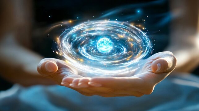 Mystical cosmic energy a swirling galaxy held in human hands.