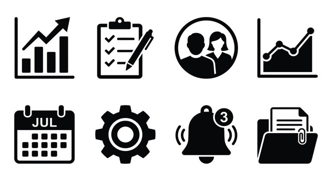 Business Icons Set Flat Black Silhouette On White Background