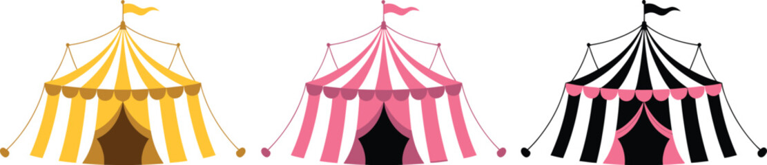 Circus tent icon set featuring colorful carnival big top tents, striped marquee designs, amusement fair attractions, and festive vector illustrations. © Golapi