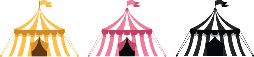 Circus tent icon set featuring colorful carnival big top tents, striped marquee designs, amusement fair attractions, and festive vector illustrations. © Golapi