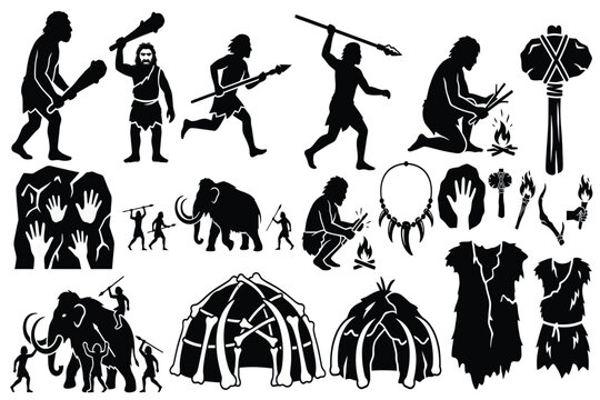 Stone Age & Prehistoric Human Survival Icons Set | Cavemen, Fire Making, Hunting & Primitive Tools Vector Collection