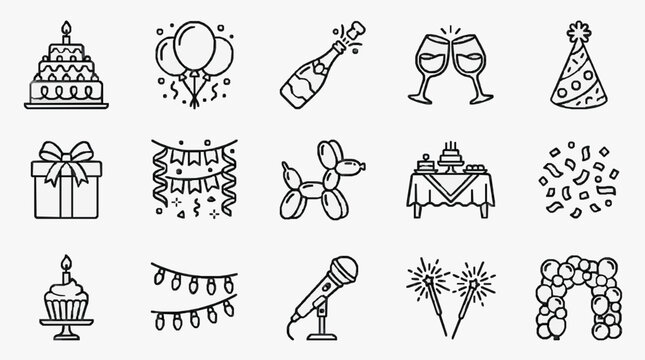 Professional Black and White Line Drawing Set of Celebration Party Icons Featuring Balloons Cake Champagne Party Hats and More