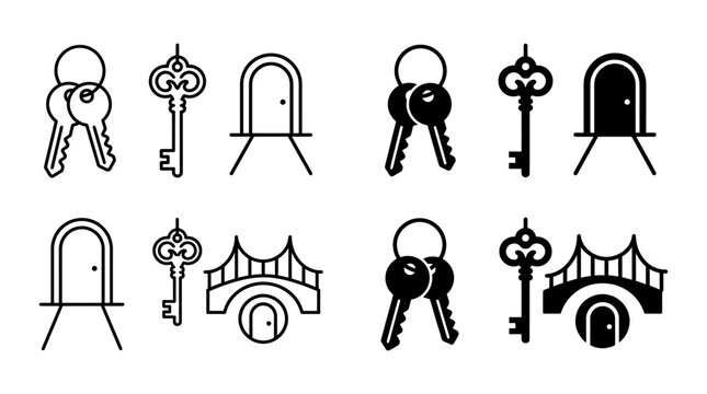 House keys and architectural gateway icons set representing home security and entry with security protection property