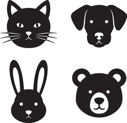 Fototapeta premium Animal face silhouette icons, cat dog rabbit bear, Halloween party poster elements, classroom art session cutouts, minimal vector design