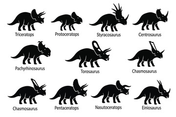 Collection of Silhouette Dinosaur Icons in Various Postures on White Background © Rashedul Haque Sakib