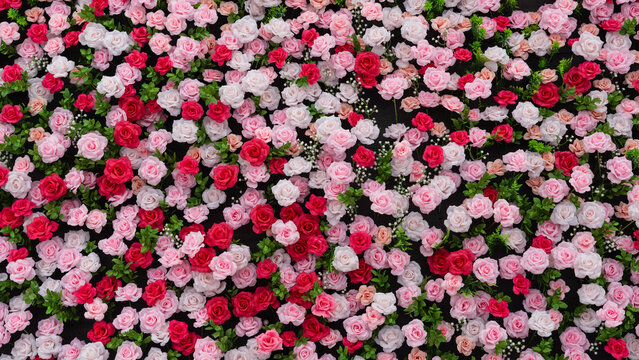 Artificial pink white red rose flower wall, floral wedding backdrop decoration