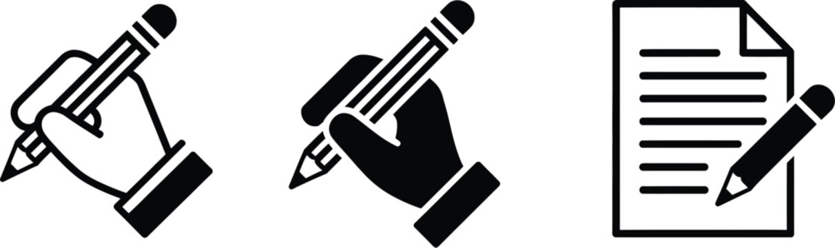 Clipboard and pencil icon set featuring hand holding pencil, note taking, checklist, documentation, and writing symbols in vector style.