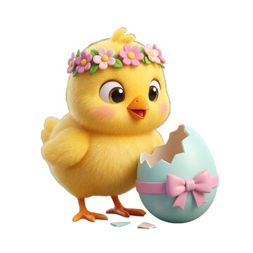 Happy yellow chick looking at cracked egg in 3d cartoon style