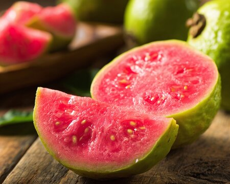 Freshly Sliced Guava Fruit on Wooden Surface.