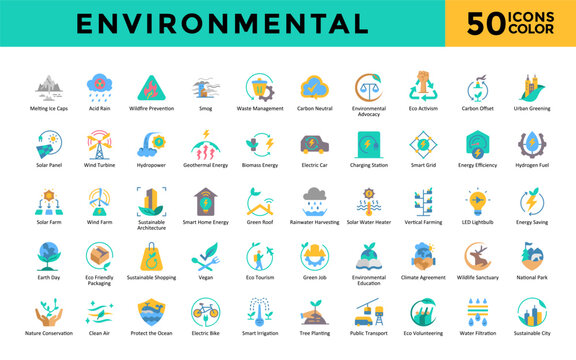 Environmental icons set with melting ice caps, acid rain, wildfire prevention, smog, waste management, carbon neutral, environmental advocacy, eco activism icon. Simple color vector 