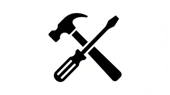 Minimalist hammer and screwdriver icon, black crossed hand tools silhouette, industrial hardware repair symbol for construction and maintenance services