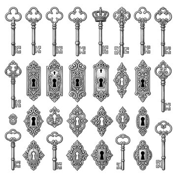 Large Collection of Antique Skeleton Keys and Ornate Victorian Keyhole Plates with Decorative Hardware