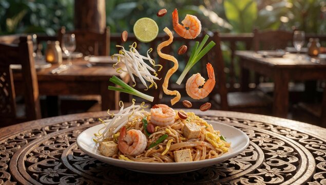 Plate noodles shrimp vegetables wooden table restaurant white round yellow appear stir-fried pink arranged cir
