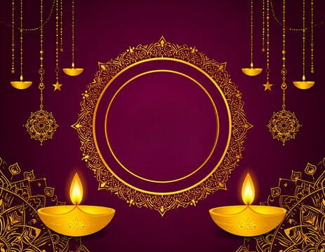 Luxury Golden Diwali Mandala Frame with Glowing Diyas on Purple Background, Premium Editable Festival Banner Template with Copy Space