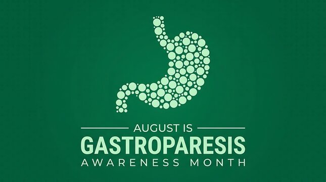 August is gastroparesis awareness month informational graphic with stylized stomach illustration and text graphic.