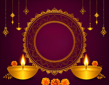 Luxury Golden Diwali Mandala Frame with Glowing Diyas on Purple Background, Premium Editable Festival Banner Template with Copy Space