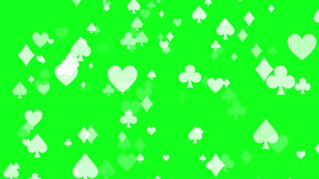 Animation of a collection of playing card symbols zooming in rapidly against a green background; 4K video.