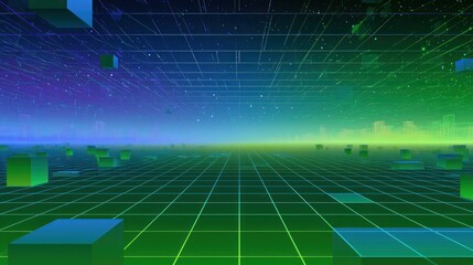 Naklejka premium Abstract digital grid landscape with cubes and city skyline