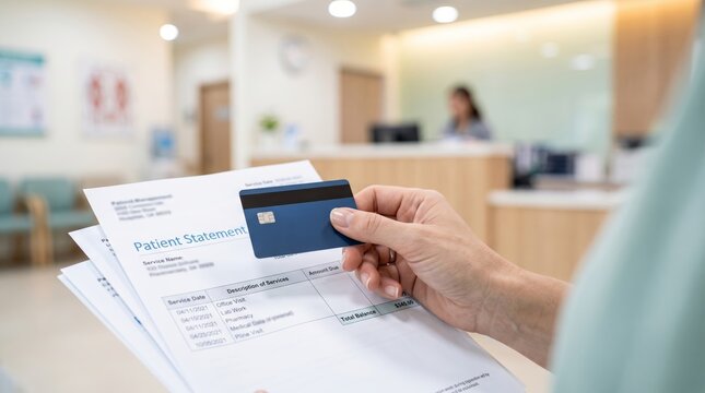 Patient holding credit card and medical bill in clinic
