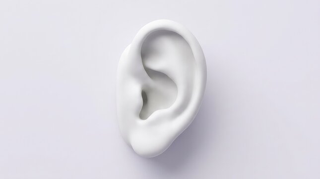 3D rendered human ear isolated on white. Realistic anatomical ear model for medical or design use.