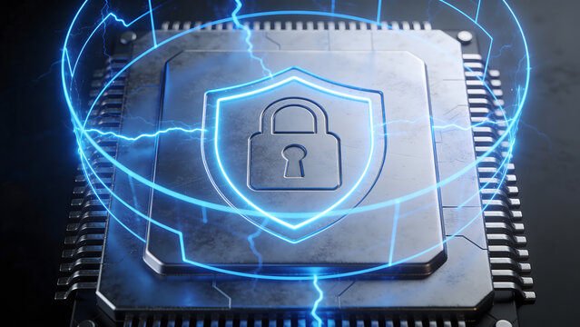 Futuristic microchip with glowing blue electric shield and illuminated padlock