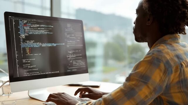 Young male programmer coding on a computer at his desk in a modern, bright office