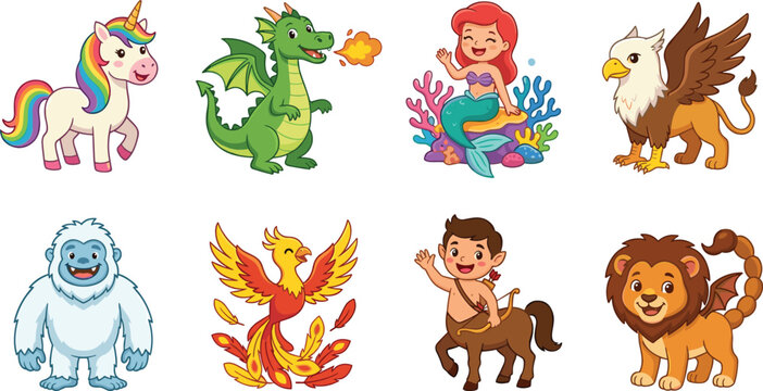 Cute mythical creatures cartoon vector illustration set isolated on white background for kids design