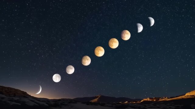 Lunar cycle showing the moon waxing from crescent to gibbous over a starry desert landscape
