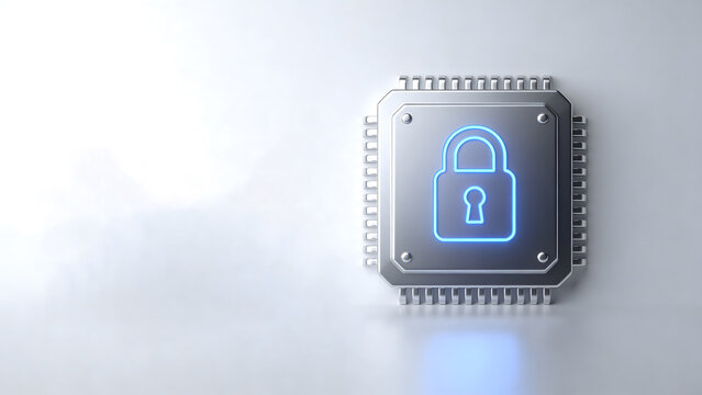 Hardware security processor chip with glowing padlock icon and empty copy space