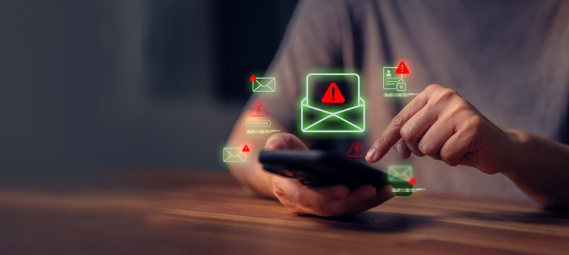 Attack by phishing scam, fraud email, and hacker crime stealing data breach and a warning on cyber threat to protect security, privacy, and alert systems