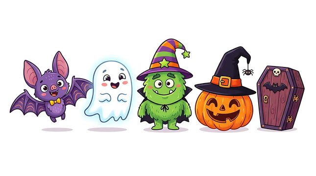 Set of five cute halloween icons with bat ghost monster pumpkin and coffin
