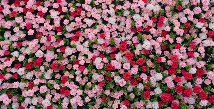 Artificial pink white red rose flower wall, floral wedding backdrop decoration