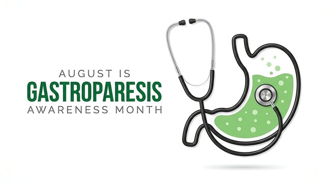 August is gastroparesis awareness month graphic with stomach illustration and stethoscope checkup medical condition awareness concept.