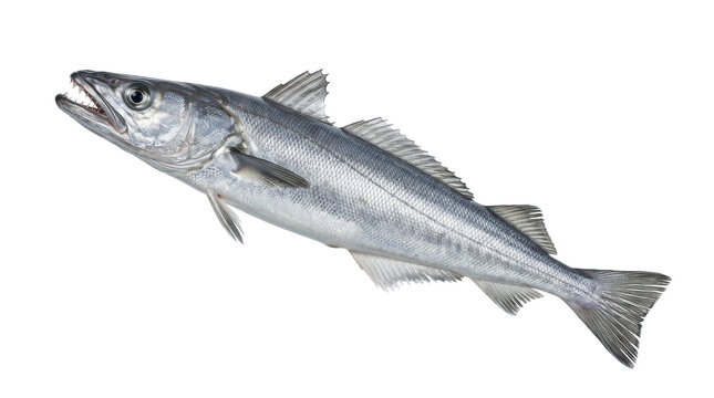 European hake fish detailed photograph with silver scales open mouth and fins on transparent background merluccius