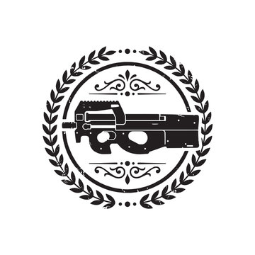 Vintage Distressed P90 Submachine Gun Emblem with Heritage Laurel Wreath and Retro Design Elements