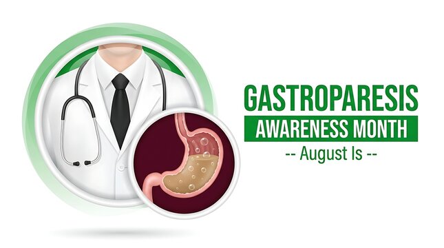 Gastroparesis awareness month august is represented by doctor uniform and stomach icon graphic medical professional healthcare concept.