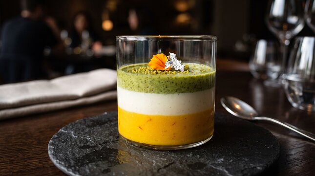 Gourmet layered mousse dessert served in glass on slate plate at luxury restaurant for fine dining food marketing