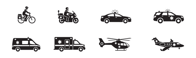 Emergency services vehicles icon set. Bicycle paramedic, motorcycle responder, police sedan car, police SUV, ambulance van, rescue truck, helicopter and jet plane. Vector illustration. © Roberto_Caravelli