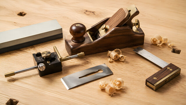 Hand plane and chisels with wood shavings on workbench