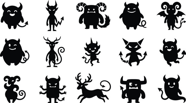 Black silhouettes of cute and scary monsters and devils for Halloween design