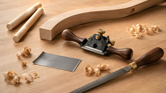 Curved wooden piece with hand plane and woodworking chisels