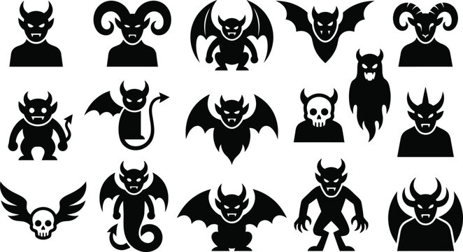 Halloween devil and demon icons in black silhouette on white background