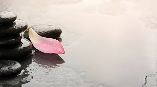 Zen basalt stones with pink flower petal on wet background with copy space